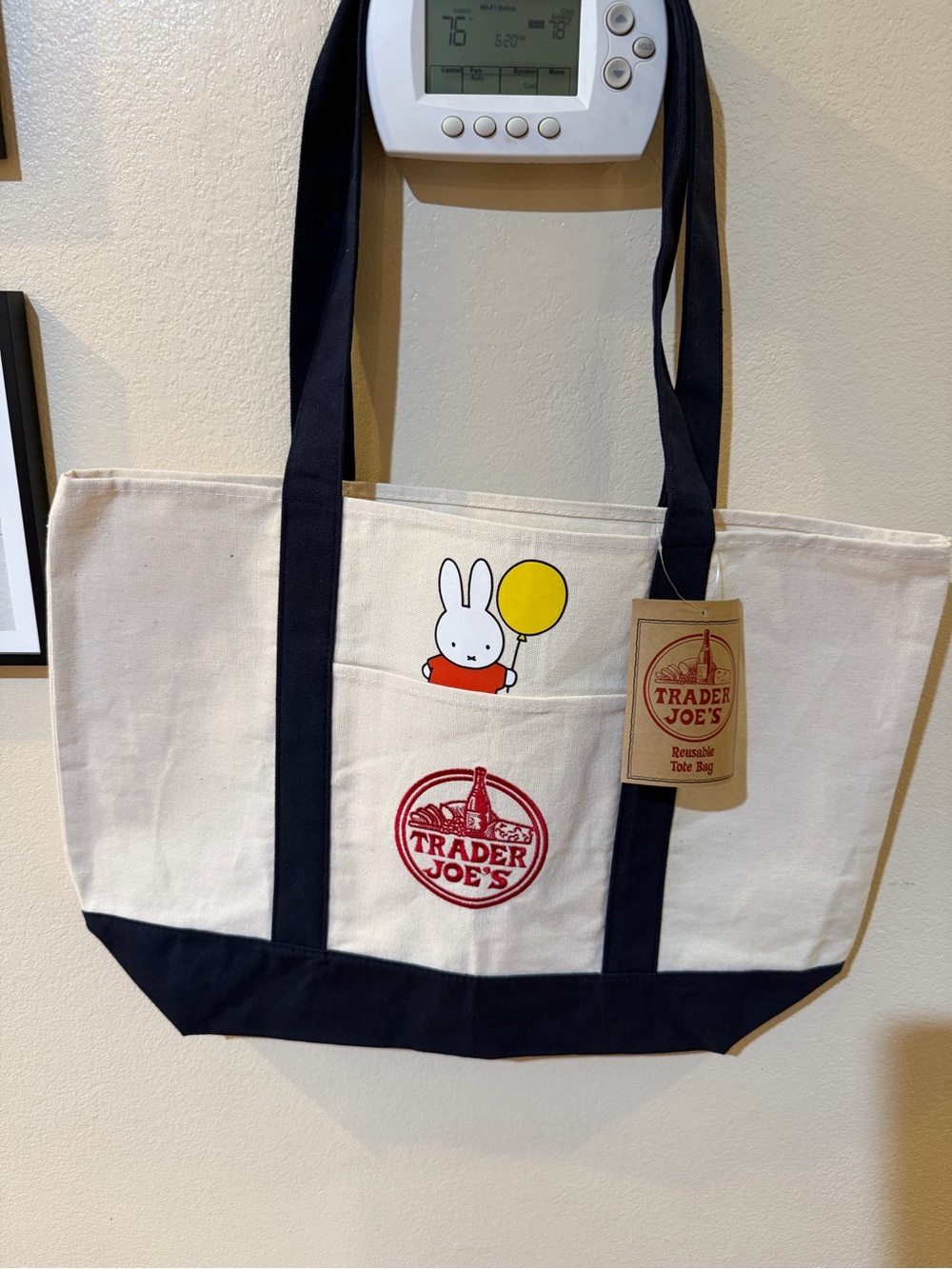 Large Navy Trader Joeโs Canvas Tote Bag with Miffy Balloon Graphic